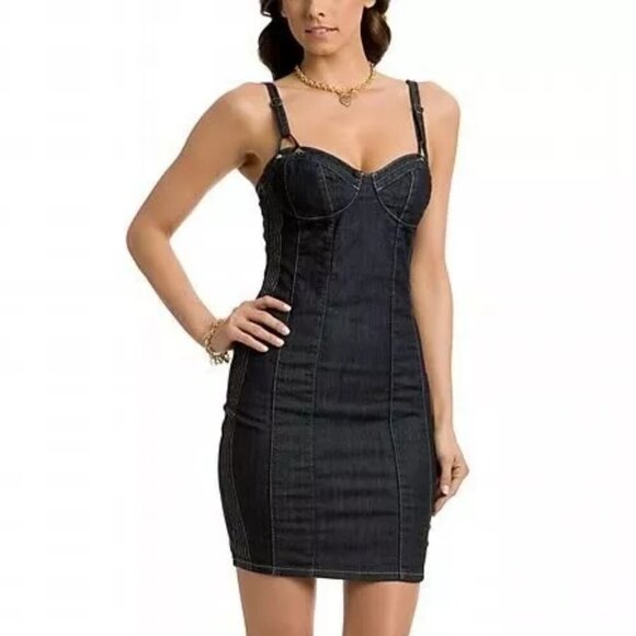 Guess Jeans Y2K Denim Lace Up Back Corset Bodycon Bustier Mini Dress Size 1 XS - Picture 2 of 16
